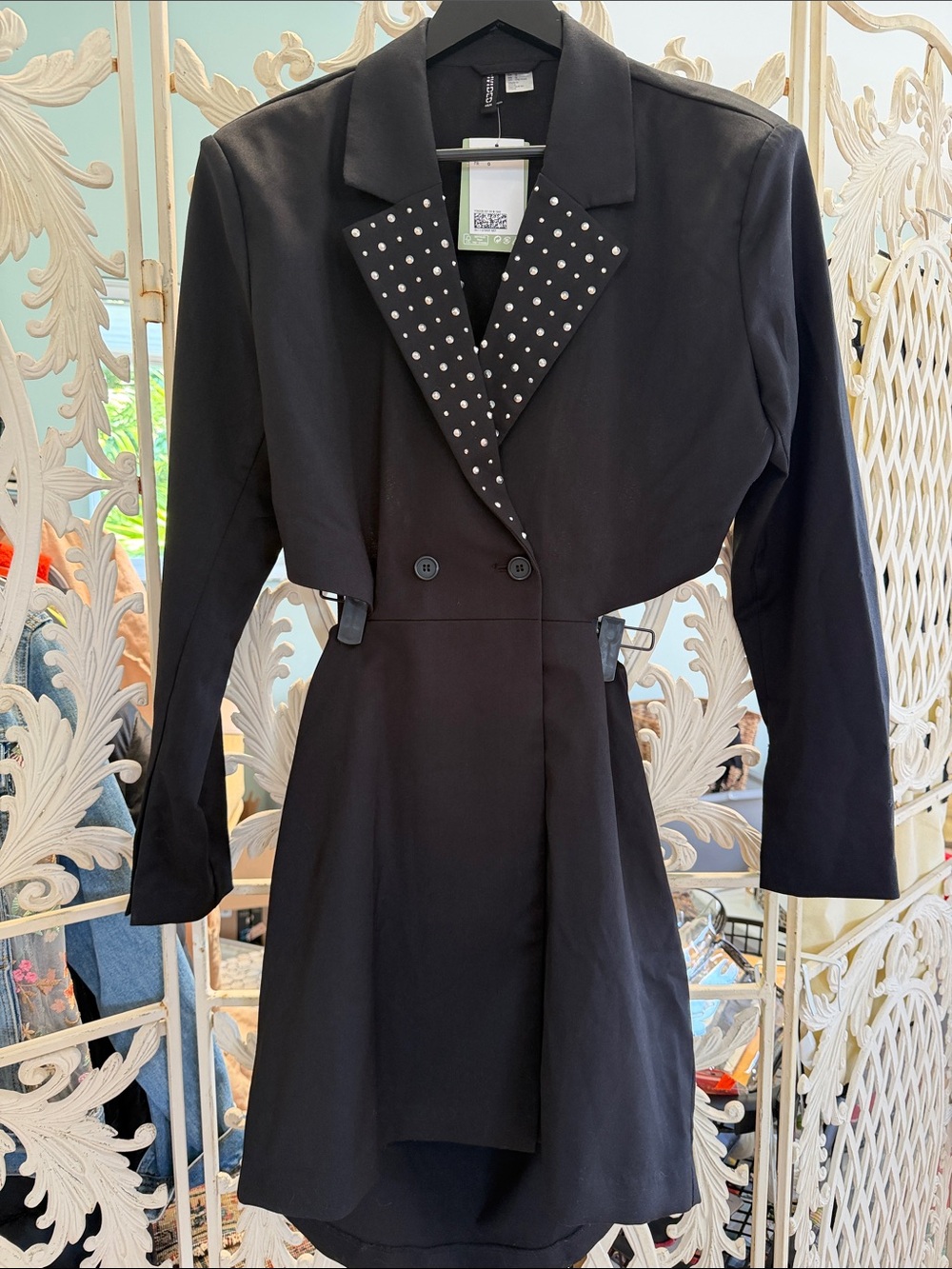 H&M Black Long-Sleeve Rhinestone Embellished Blazer Lapel Dress